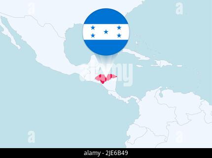 America with selected Honduras map and Honduras flag icon. Vector map and flag. Stock Vector