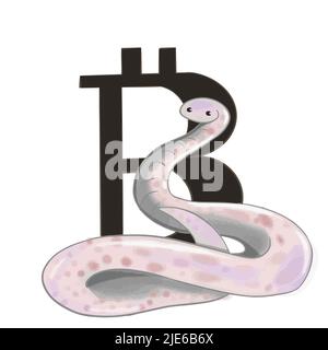 A snake sits and guards the crypto currency market and bitcoin Stock Vector