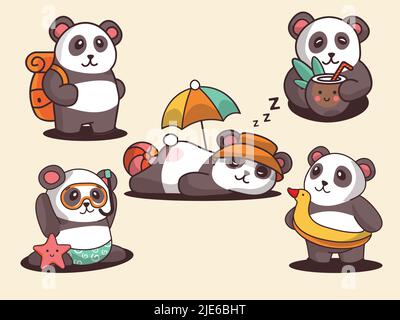 Summer cute panda resting on the sea in different positions lies and sunbathing or travel Stock Vector