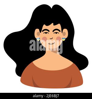 Multiethnic character, Mexican, Spanish or native American woman with heart shaped earrings with flag of Ukraine. Stock Vector