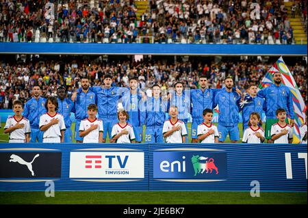 Dino Manuzzi stadium, Cesena, Italy, June 07, 2022, Italy team line up during national anthem  during  Italy vs Hungary (portraits archive) - football Stock Photo