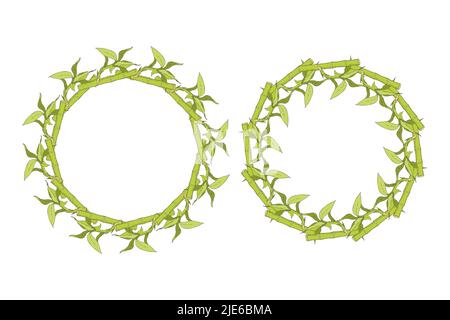 Bamboo wreath round hand drawn doodle green color. Vector illustration Stock Vector