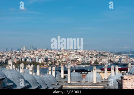 Istanbul cityscape showcasing the unique blend of East and West, with historic landmarks, mosques, and bustling urban life. Located on both sides of t Stock Photo