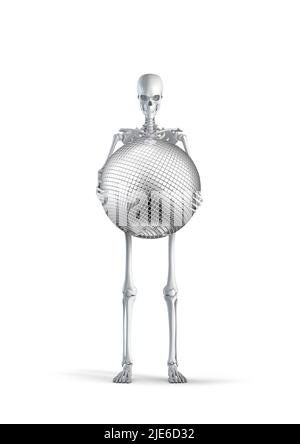 Skeleton with disco ball - 3D illustration of male human skeleton figure holding shiny mirror ball isolated on white studio background Stock Photo