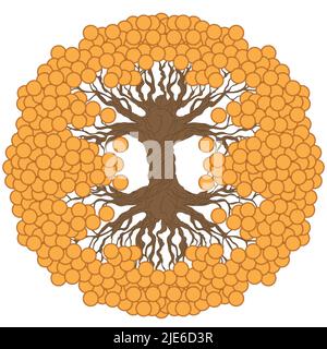 Money tree with coins. A traditional feng shui symbol for attracting wealth and prosperity. Color illustration. Stock Vector