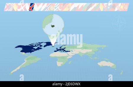 Iceland member of North Atlantic Alliance selected on perspective World Map. Flags of 30 members of alliance. Vector illustration. Stock Vector