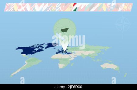 Hungary member of North Atlantic Alliance selected on perspective World Map. Flags of 30 members of alliance. Vector illustration. Stock Vector