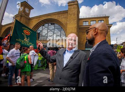 London, UK. 25th June, 2022. Mick Lynch, General Secretary of the RMT, at the demonstration. Members of the RMT, other Unions and public supporters hold a rally outside Kings Cross station. It is the third day of strike action on Network Rail. Credit: Karl Black/Alamy Live News Stock Photo