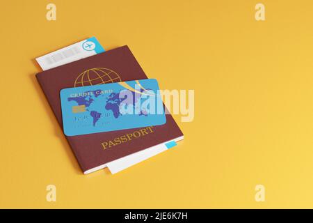 Close up of credit card, passport and plane ticket with copy space. Travel concept. 3d illustration. Stock Photo