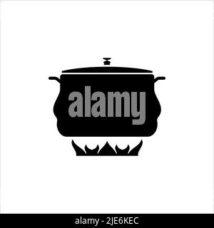 Pan Heating Icon, Frying Pan On Fire Icon Vector Art Illustration Stock Vector