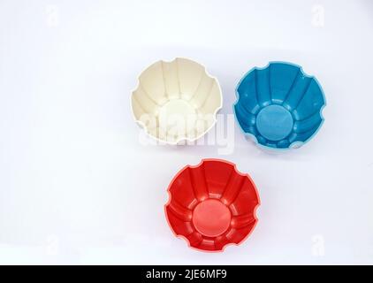 vintage plastic red white and blue cups or beakers Stock Photo