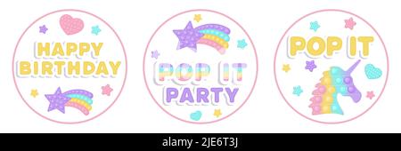 Set of three Birthday favor tags popi it fidget toy vector design with illustrations and text. Happy Birthday gift printable circle cards or labels in Stock Vector