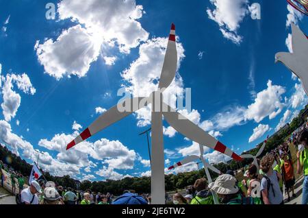 June 25, 2022, Munich, Bavaria, Germany: Demonstrators for wind energy at the demosin Munich, Germany against the G7 meeting. Seven years after the last Schloss Elmau G7 (Group of Seven) summit, the latest meeting is convening to discuss topics such as recovery from the Coronavirus crisis, fair and free trade, climate change, gender equality, and biodiversity. Like 2015, the 2022 installment was met by large protests in Garmisch, as well as in Munich, Germany. The total cost to German taxpayers for the summit is upwards of 170 million Euros with around 140 million for police alone. (Credit I Stock Photo