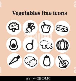 Vegetables line icons. Set of healthy diet vegetables on the round stickers. Vector illustration in black and white. Stock Vector