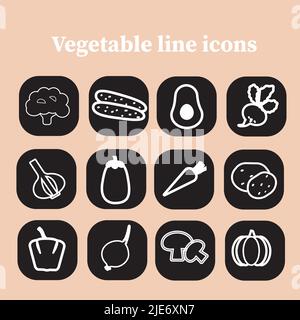 Vegetable line icons. Collection of vegetables icons on the black stickers. Vector illustration.Healthy food concept. Stock Vector