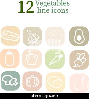 Vegetables line icons. Styled vegetableswhite icons on the colourful stickers. Vector illustration. Healthy food concept. Stock Vector