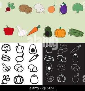Sets of twelve vegetables icons on different backgrounds. Healthy food concept. Vector illustration.Vegetables line icons. Stock Vector