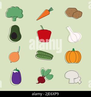 Set of healthy vegetables on the light green background. Vector illustration. Healthy diet food concept.Vegetables icons. Stock Vector