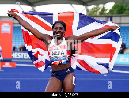 Daryll Neita celebrates winning in the Women’s 100m Final during day two of the Muller UK Athletics Championships held at the Manchester Regional Arena. Picture date: Saturday June 25, 2022. Stock Photo