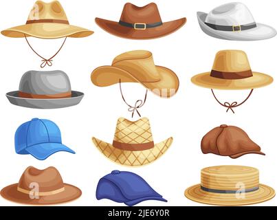 Male summer hats. Man headgear, cowboy straw head accessories and peaked hat cartoon vector set Stock Vector