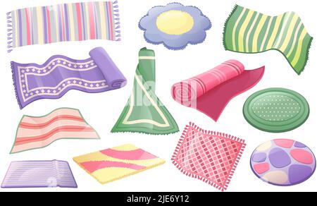 Cartoon carpets. Home decor rugs, carpet roll and interior fashion mat vector set Stock Vector