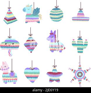 Mexican pinata. Mexican star paper game for party celebration, colorful llama and different shape pinatas vector set Stock Vector