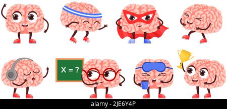 Brain character. Happy smart mascot, super hero mind and intellectual cartoon vector Illustration set Stock Vector