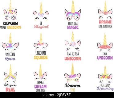 Magic unicorns quotes. Belive in magic, never stop dreaming and unicorn style print vector set Stock Vector