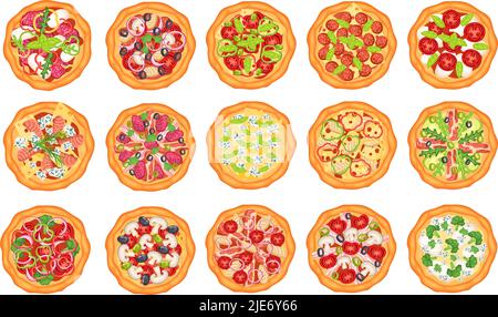 Slices of pizza with different toppings: italian, margarita, mexican ...