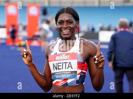 Daryll Neita celebrates winning in the Women’s 100m Final during day two of the Muller UK Athletics Championships held at the Manchester Regional Arena. Picture date: Saturday June 25, 2022. Stock Photo