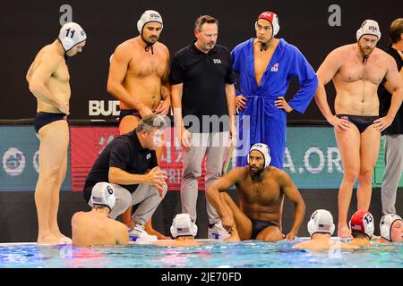 SZEGED, HUNGARY - JUNE 25: head coach Dejan Udovicic of United States, Adrian Weinberg of United States, Chase William Dodd of United States, Marko Vavic of United States, Thomas Gruwell of United States, Hannes Daube of United States, Jake Ehrhardt of United States, Ben Hallock of United States, Dylan Woodhead of United States, Alexander Bowen of United States, Benjamin Stevenson of United States, Matthew Farmer of United States, Maxwell Irving of United States and Drew Holland of United States during the FINA World Championships Budapest 2022 match between USA and Australia on June 25, 2022 Stock Photo