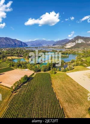 Vertical panoramic aerial view of Franciacorta countryside in summer season, Brescia province in Lombardy district, Italy. Stock Photo