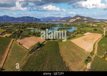 Panoramic aerial view of Franciacorta countryside in summer season, Brescia province in Lombardy district, Italy. Stock Photo