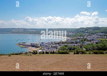 View of New Quay pier town harbour beach on the Ceredigion coast in summer West Wales UK Great Britain Europe   KATHY DEWITT Stock Photo