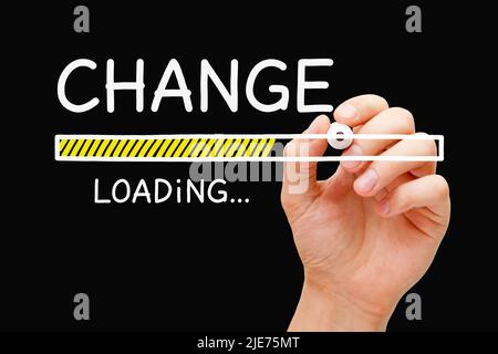 Hand drawing Change management loading bar concept with marker on transparent wipe board. Stock Photo