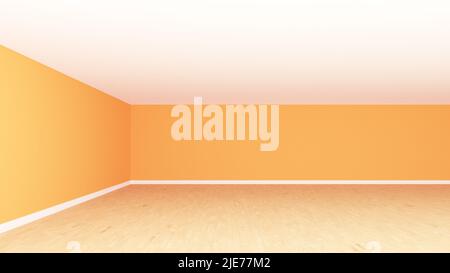Bright Orange Unfurnished Corner of the Room, Frontal View. Interior Concept with White Ceiling, Light Wooden Parquet Flooring and a White Plinth. 3d rendering, 8K Ultra HD, 7680x4320, 300 dpi Stock Photo