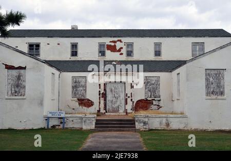 The boarded-up former adjutant's office and officers' quarters at Fort Reno, a historic former U.S. Army fort west of El Reno, Oklahoma. Stock Photo