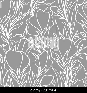 seamless white contour pattern of large flower buds on a gray background, floral texture, design Stock Vector