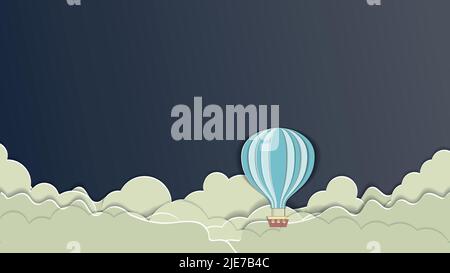 a postcard in the papercut style . the balloon is flying against the background of the sky, clouds and the moon. with space for text Stock Vector