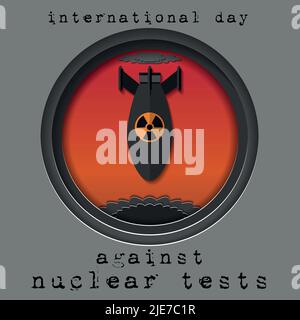 papercut postcard dedicated to the international day against nuclear tests. a bomb and a nuclear explosion against a red sky background. Stock Vector
