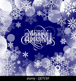 merry christmas greeting card, text and snowflakes on blue background, design Stock Photo