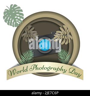 papercut postcard dedicated to World Photography Day. the postcard shows how much a photographer can photograph in the living world Stock Vector