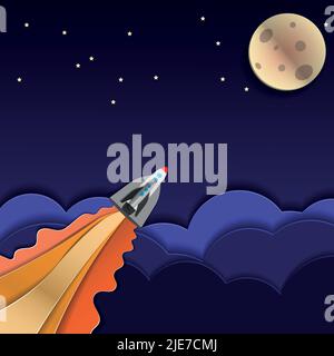papercut postcard .rockets are flying towards the moon against the background of the night sky and clouds . vector illustration Stock Vector