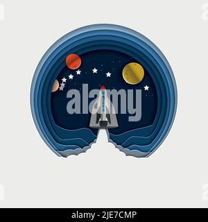 papercut postcard .rockets are flying towards the moon against the background of the night sky and clouds . vector illustration Stock Vector