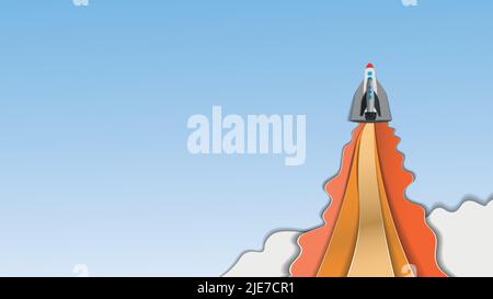 papercut postcard .rocket launch on the background of the sky and clouds from kopi space. vector illustration. Stock Vector