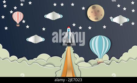 papercut postcard .rockets are flying towards the moon against the background of the night sky, balloons and clouds. vector illustration Stock Vector