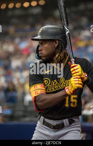 June 25, 2022: Pittsburgh Pirates shortstop Oneil Cruz (15) waits on deck  during the MLB game between Pittsburg Pirates and Tampa Bay Rays St.  Petersburg, FL. Tampa Bay Rays defeat the Pittsburg