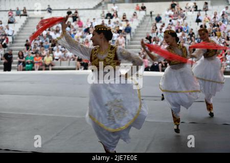 Tirana, Albania. 24th June, 2022. Albanian folk dancers with traditional costumes perform in the city's amphitheater (Credit Image: © Ervin Shulku/ZUMA Press Wire) Stock Photo