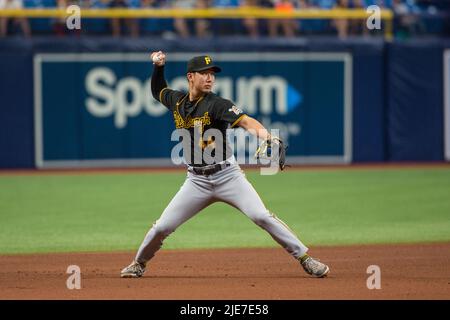 Pittsburgh, USA. June 25, 2022: Pittsburgh Pirates shortstop Hoy Park (44) throws to first during the MLB game between Pittsburg Pirates and Tampa Bay Rays St. Petersburg, FL. Tampa Bay Rays defeat the Pittsburg Pirates 6 - 5. Jonathan Huff/CSM. Credit: Cal Sport Media/Alamy Live News Stock Photo