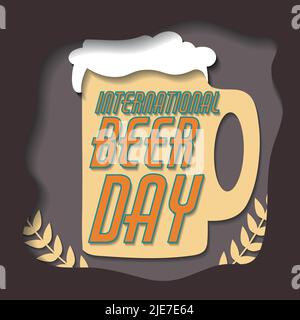 vector illustration of a postcard in a paper-cut style. a glass of beer with the inscription international beer day Stock Vector